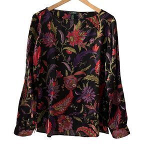 Lauren Ralph Lauren Black and Pink Floral Long Sleeve Square Neck Silky Blouse L